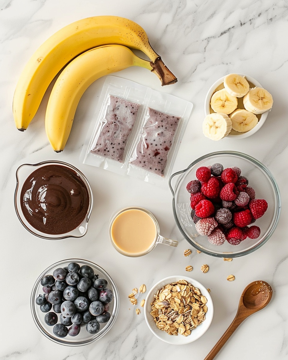 A bowl of vibrant smoothie topped with fresh, whole blueberries, halved ripe strawberries with green leaves, bright red raspberries, halved dark cherries, and slices of vivid pink dragon fruit with black seeds, all arranged in neat sections around a generous dollop of smooth peanut butter sitting in the center. Clusters of golden crunchy granola fill the gaps between the fruits, creating a colorful and textured contrast against the deep reddish-purple smoothie base. In the background, there is a jar of honey with a wooden honey dipper and a small white bowl filled with more granola, all set on a white marbled surface with a wooden spoon and a striped blue and white cloth nearby, captured in sharp, natural light in a realistic professional food photography style. photo taken with an iphone --ar 4:5 --v 7