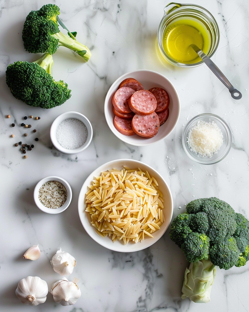 A full bowl of orzo pasta mixed with vibrant green broccoli florets and golden-brown sausage pieces. The sausage is seared to a rich, caramelized brown on the outside, evenly spread throughout the dish. The broccoli looks tender and fresh, adding bright pops of green against the creamy orzo, which is coated lightly in a savory sauce. The whole bowl is full and well mixed, showing the harmony of textures and colors in a simple, wholesome presentation on a white bowl, set against a white marbled surface. photo taken with an iphone --ar 4:5 --v 7