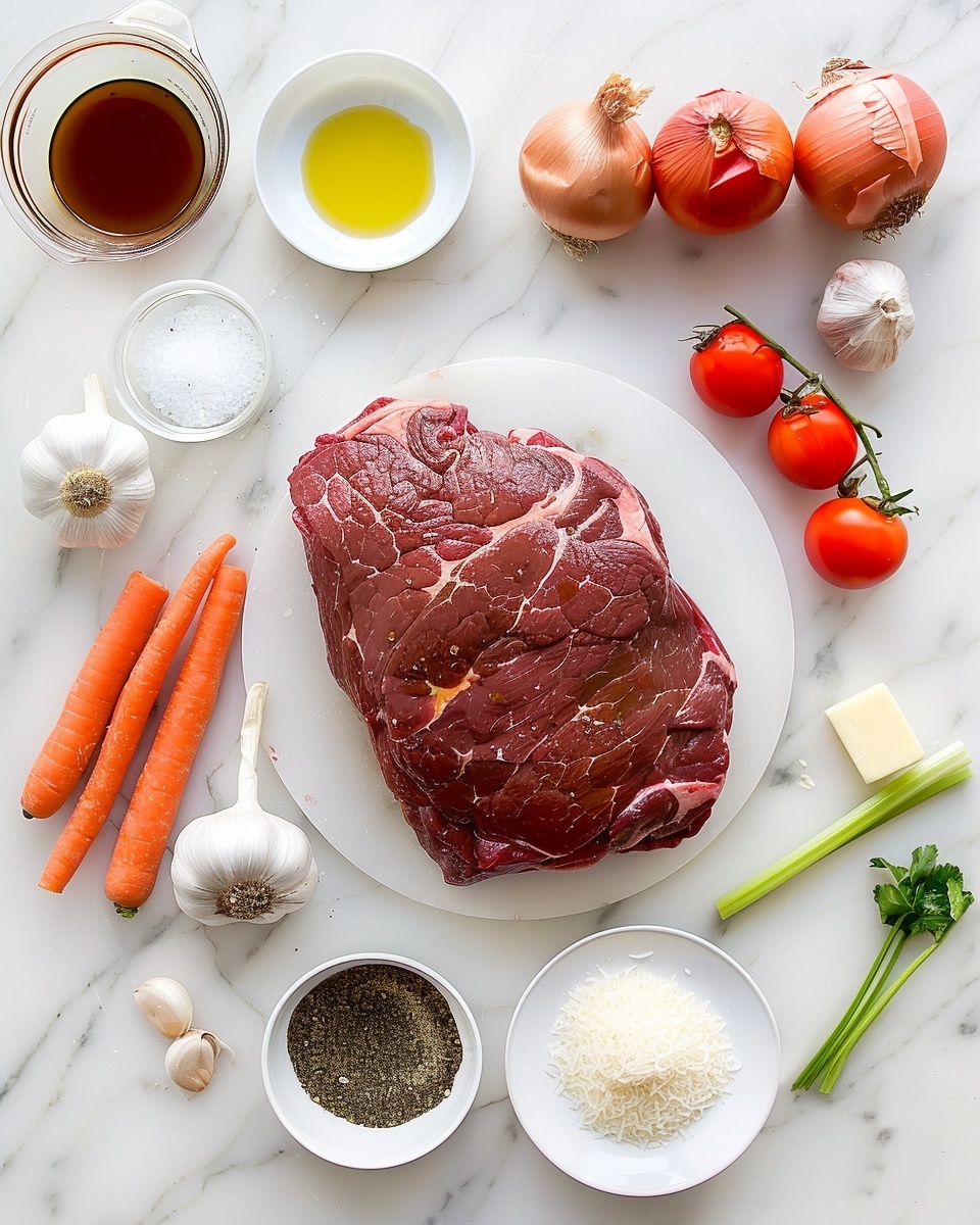 Slow-Braised Pot Parmesan Risotto Recipe 5 Large white shallow bowl filled with a generous serving of tender, slow-braised beef short ribs in rich, glossy brown sauce with vibrant cherry tomatoes and fresh herbs, resting atop a creamy bed of perfectly cooked, cheesy risotto, whole dish photographed at a 3/4 angle on white marble countertop with natural light, styled like a hero shot from a food magazine, photo taken with an iphone --ar 4:5 --v 7
