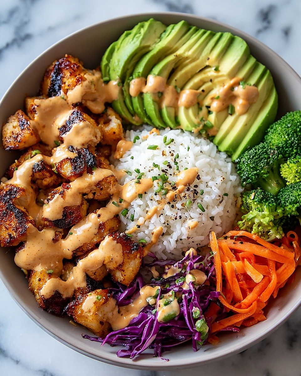Single white plate with one generous portion of grilled chicken pieces drizzled with creamy spicy sauce, accompanied by neatly fanned slices of ripe avocado lightly seasoned with black pepper, a small mound of fluffy white rice, and colorful steamed broccoli, shredded purple cabbage, and thin carrot strips for garnish, close-up angle revealing the charred texture on the chicken and creamy avocado details, all arranged on a white marble surface under natural light, styled like a food blog individual serving photo taken with an iphone --ar 4:5 --v 7