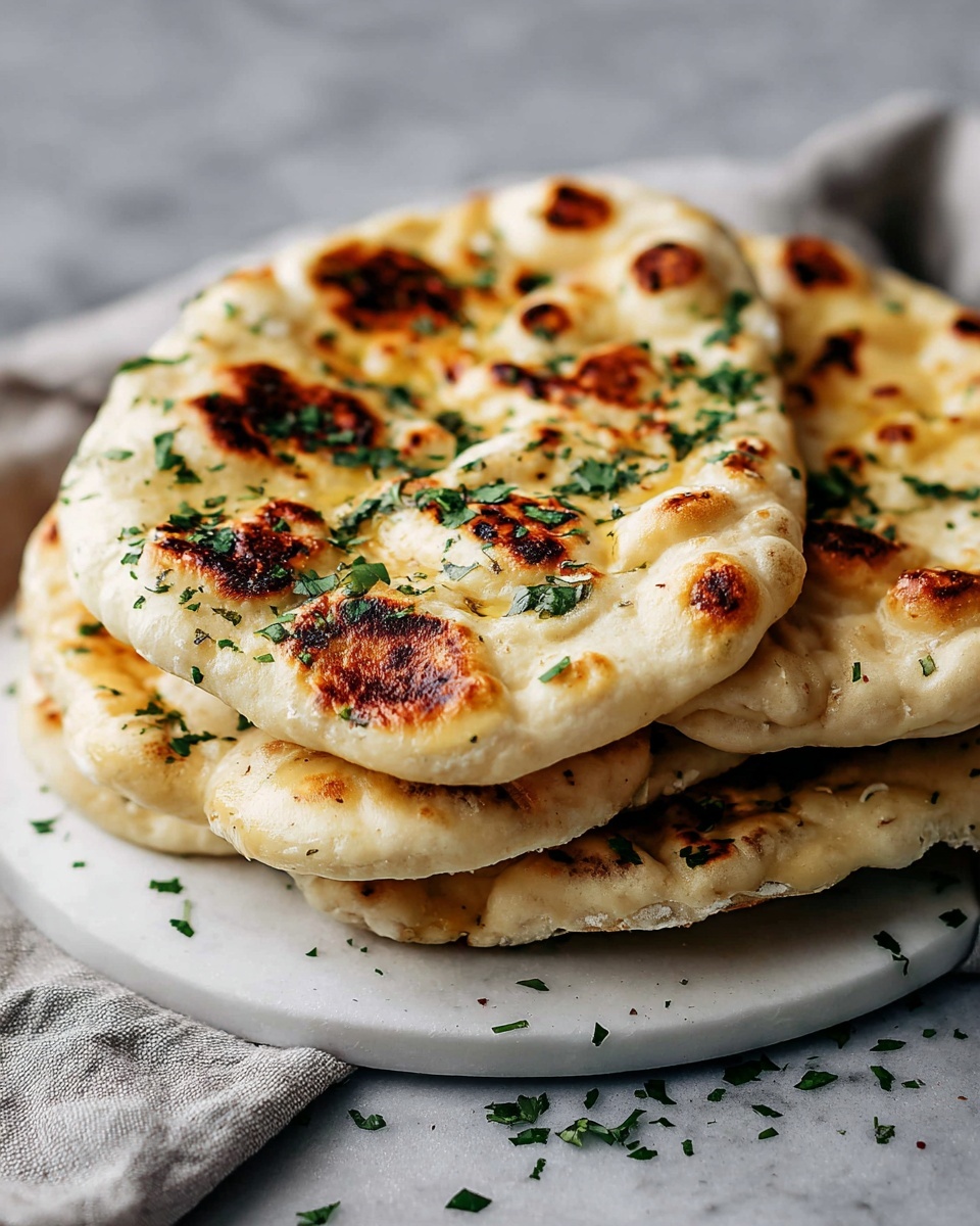 Single white plate featuring one freshly cooked naan bread portion with visible charred brown spots and puffed airy texture, part folded to reveal soft, layered interior dough, garnished with sprigs of fresh cilantro, shot from a slight angle on a white marble background with natural light emphasizing the fluffy, pillowy layers, intimate styled food blog serving photo taken with an iphone --ar 4:5 --v 7