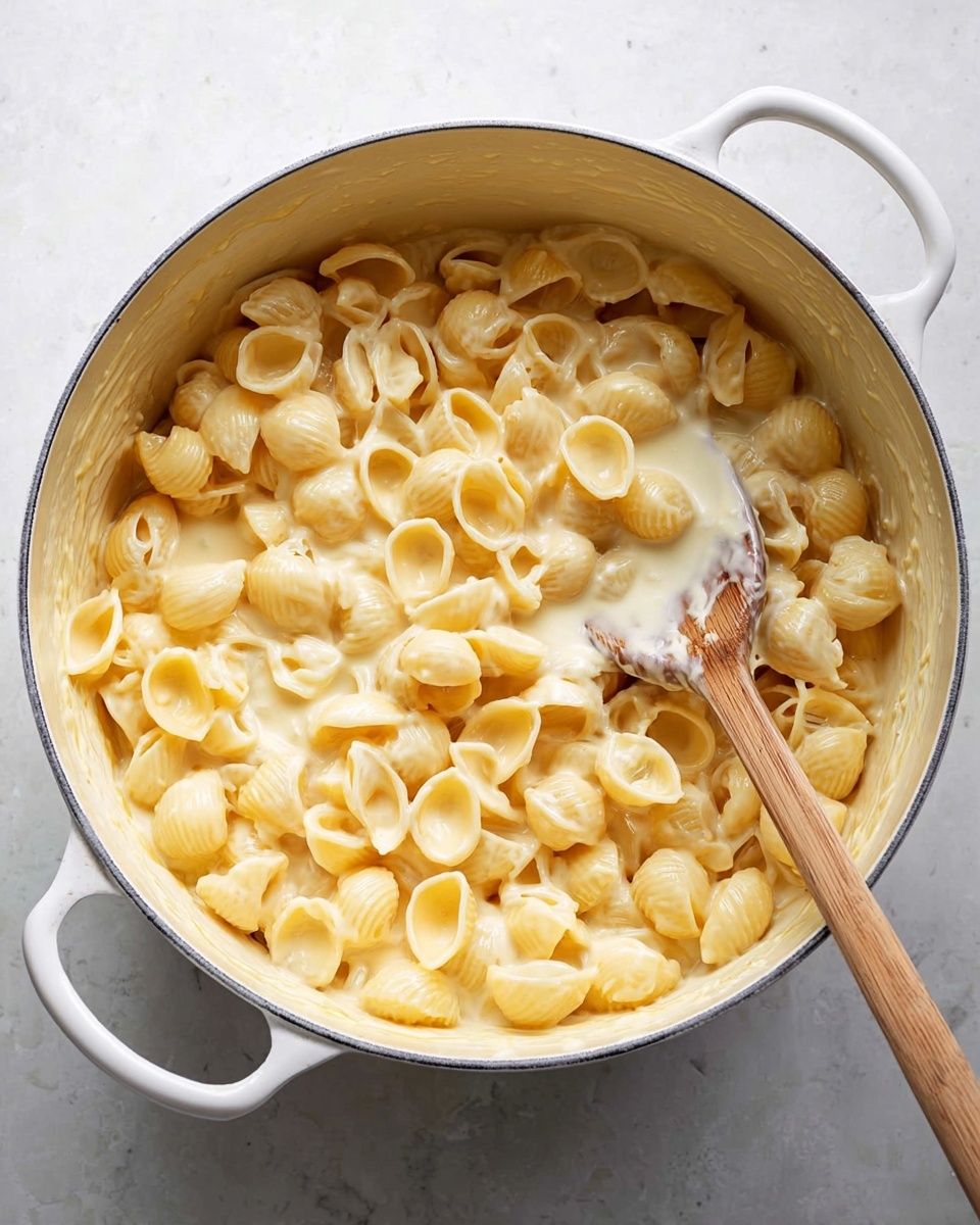 Single white bowl filled with a generous portion of creamy macaroni and cheese made with shell pasta, close-up angled shot highlighting the smooth, velvety cheese sauce coating each pasta piece, lightly sprinkled with freshly ground black pepper, placed on a white marble surface with natural lighting, styled food blog serving photo taken with an iphone --ar 4:5 --v 7