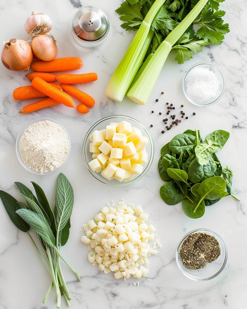 Large white enamel pot filled with creamy chicken gnocchi soup, showcasing tender shredded chicken, soft potato gnocchi, fresh spinach leaves, diced carrots, and celery in a rich, herb-speckled broth, the soup steaming gently to highlight its comforting and hearty texture, photographed from a slightly angled top-down perspective on a white marble countertop with natural lighting, hero-style food magazine shot, photo taken with an iphone --ar 4:5 --v 7