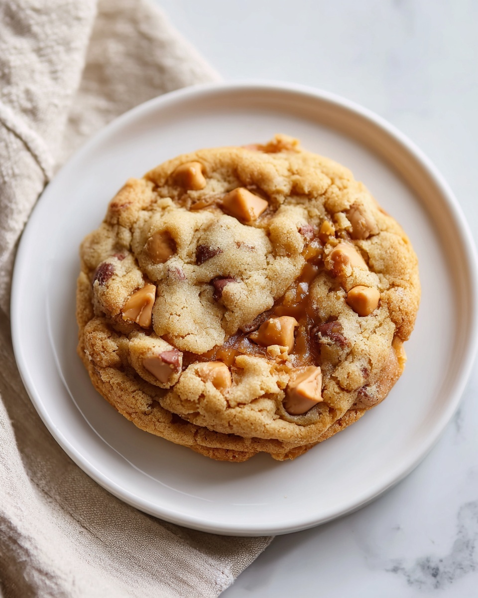 Single white plate with one large thick cookie featuring visible caramel chips and a slightly cracked surface, close-up angled view revealing the soft, chewy interior texture with melted caramel pockets inside, warm natural lighting highlighting the golden edges, set on a white marble background, styled as a ready-to-eat individual serving from a food blog, photo taken with an iphone --ar 4:5 --v 7