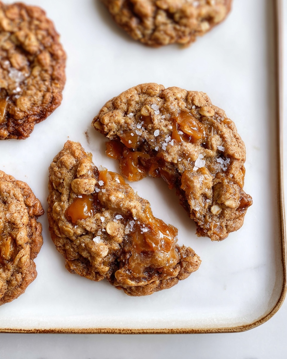 Single white plate with one large homemade oatmeal cookie broken in half, close-up angle highlighting the chewy texture and melted caramel chunks inside, sprinkled lightly with sea salt flakes on top, rustic cracked edges with visible oats, placed on a white marble surface, natural lighting emphasizing the golden-brown hues, intimate plated serving photo taken with an iphone --ar 4:5 --v 7