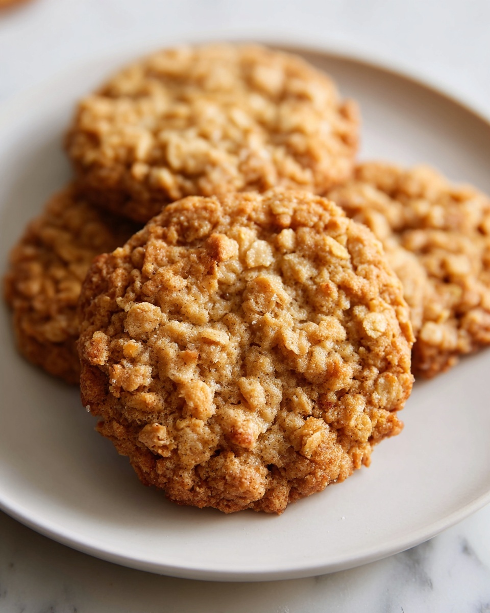Single white plate with a single oatmeal cookie placed flat, close-up angled view emphasizing the golden-brown crispy edges and textured surface with visible oats, showing the cookie’s soft and chewy interior details, natural light highlighting the baked cracks and subtle sugary sparkle, shot on a white marble surface, styled for a food blog presentation, photo taken with an iphone --ar 4:5 --v 7