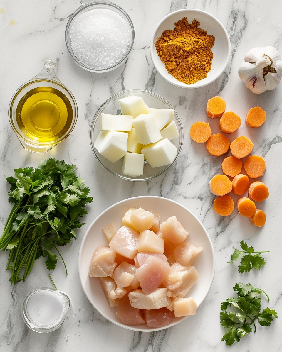 Large white bowl filled with a generous serving of creamy chicken curry loaded with tender chunks of carrots and potatoes, garnished with fresh cilantro, accompanied by fluffy white rice on the side, whole dish presented in a single bowl photographed from a 3/4 angle on a white marble background with natural lighting, styled like a hero shot from a food magazine, photo taken with an iphone --ar 4:5 --v 7