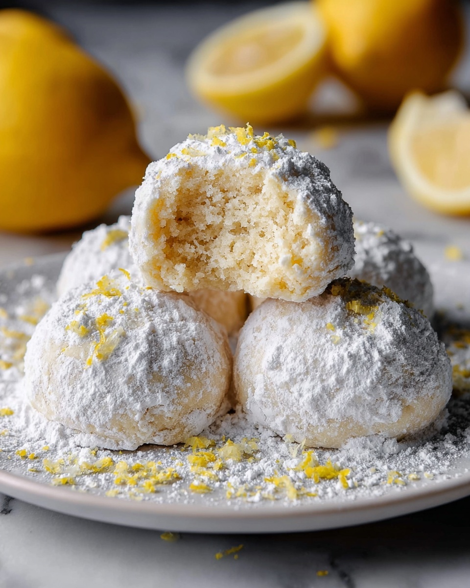 Single white plate holding one lemon snowball cookie with a bite revealing its soft, crumbly interior texture dusted generously with powdered sugar, lemon zest scattered around the base, close-up angle showcasing the delicate crumb and powdered coating, natural lighting on white marble surface, styled as a ready-to-eat single serving from a food blog, photo taken with an iphone --ar 4:5 --v 7