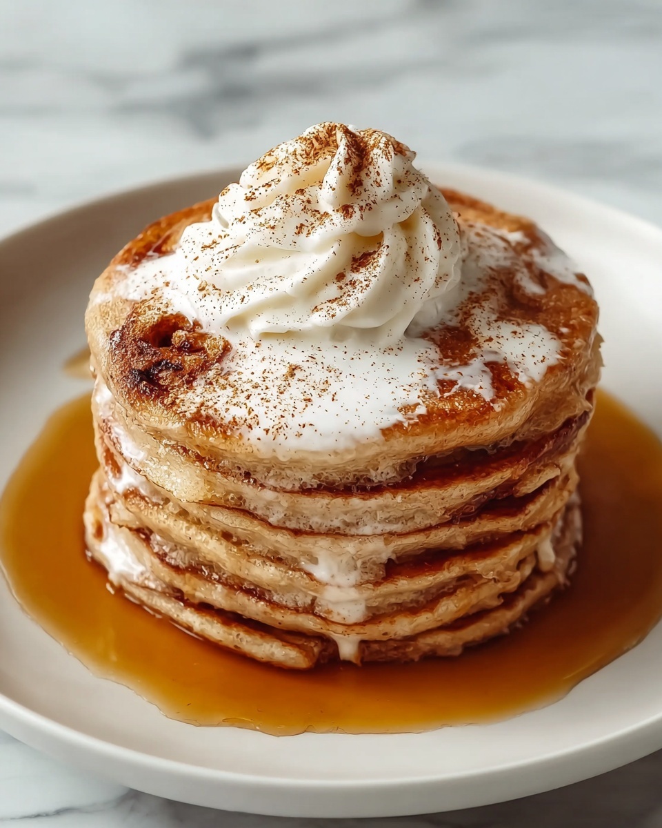 Single white plate with a close-up view of a stack of three cinnamon swirl pancakes showing an intimate cross-section of the layered, fluffy interior with visible swirls of cinnamon, topped with a dollop of melting butter, drizzled with amber maple syrup pooling gently around the base, warm natural lighting highlighting the golden-brown surface and soft texture, white marble background, styled like a food blog serving photo taken with an iphone --ar 4:5 --v 7