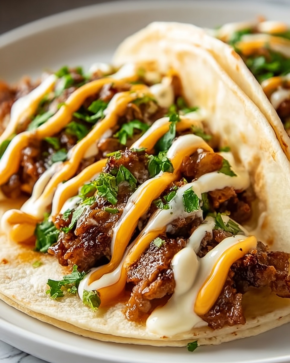 Single white plate with one soft corn tortilla taco filled generously with seasoned, tender cooked meat, drizzled with creamy orange and white sauce, sprinkled with finely chopped fresh cilantro, an angled close-up revealing juicy texture of the filling and the soft, slightly toasted tortilla edges, set on a white marble surface, natural lighting, styled as a ready-to-eat individual serving from a food blog, photo taken with an iphone --ar 4:5 --v 7