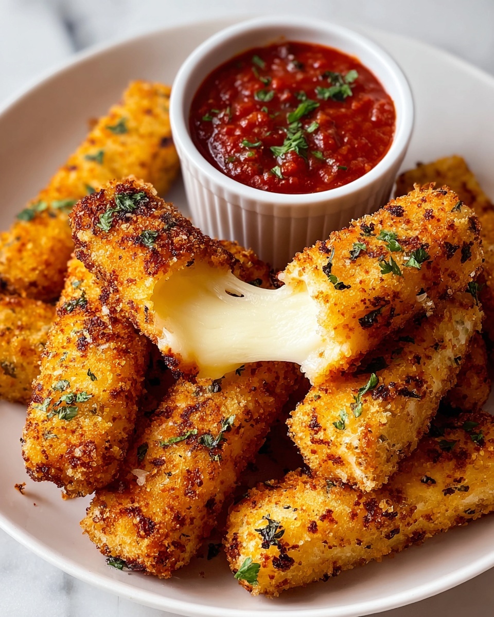 Single white plate with one golden-brown breaded mozzarella stick, broken open to reveal the stretchy melted cheese inside, seasoned with visible herbs and crispy coating texture, accompanied by a small white ramekin filled with chunky marinara sauce garnished with fresh parsley, arranged on a white marble surface under natural lighting, close-up angle highlighting the inviting interior and crispy exterior of the cheese stick, styled like a food blog individual serving photo taken with an iphone --ar 4:5 --v 7