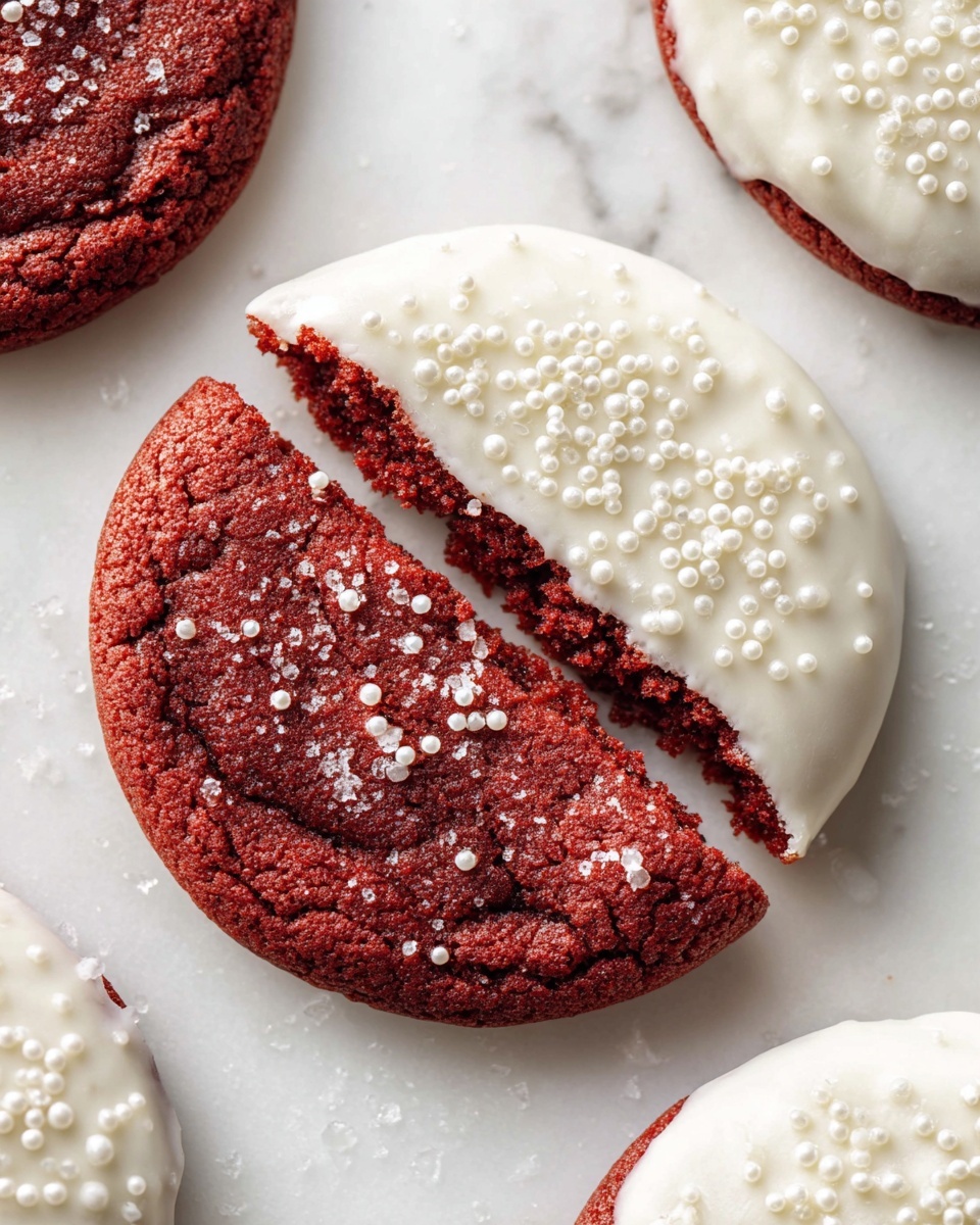 Single white plate featuring one red velvet cookie dipped halfway in white icing adorned with delicate pearl sprinkles, close-up view highlighting the soft, textured interior visible through a side slice revealing its rich, chewy crumb, a sprinkle of coarse sugar glistening on the cookie surface, all set on a white marble background with natural lighting, intimate plated serving photo taken with an iphone --ar 4:5 --v 7