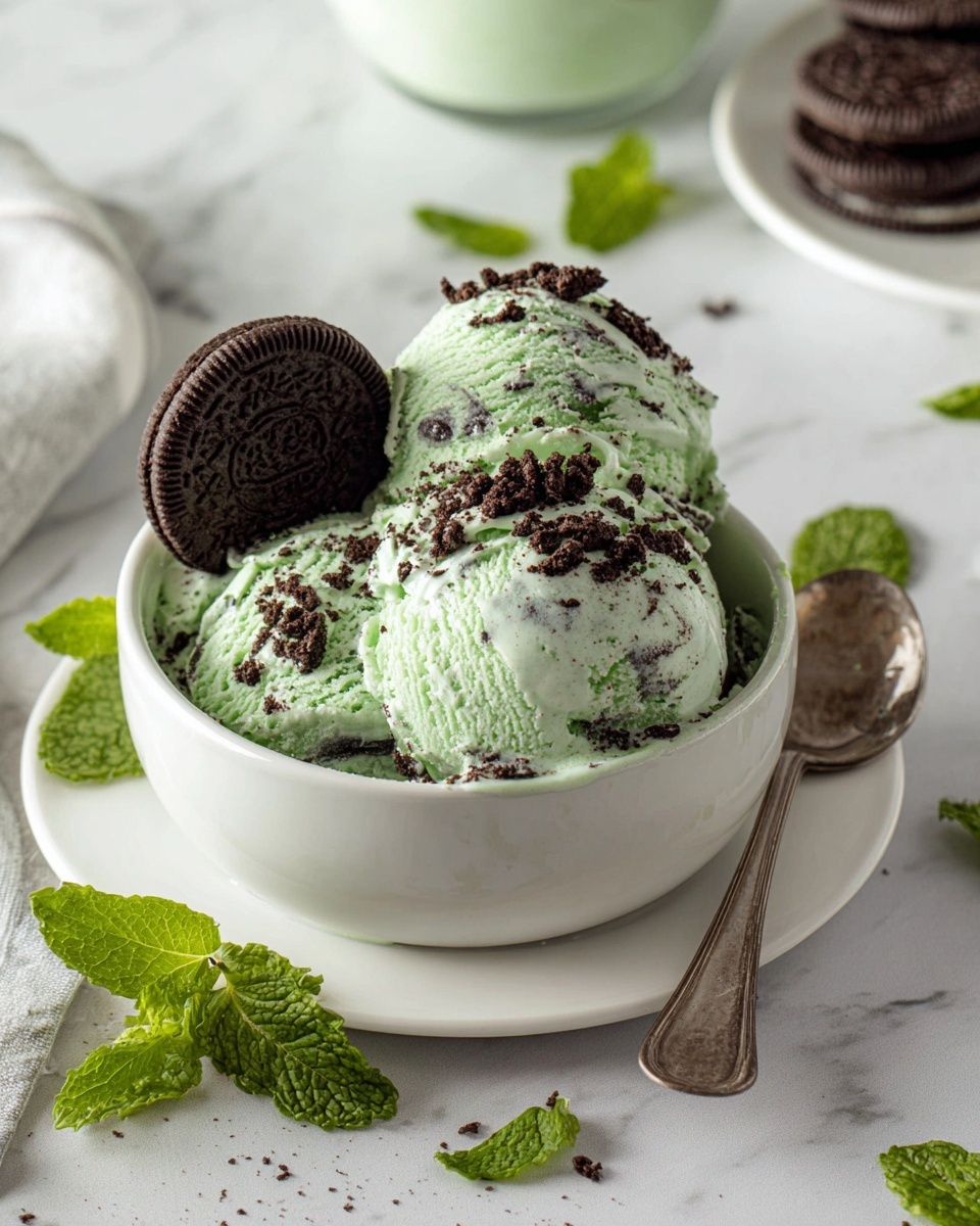 Single white bowl containing a close-up serving of mint chocolate chip ice cream, two scoops adorned with crushed chocolate sandwich cookie pieces and a whole cookie garnished at an angle, showing creamy green ice cream texture with chocolate bits embedded, placed on a white plate with a vintage silver spoon and fresh mint leaves scattered around on a white marble surface, natural soft lighting emphasizing the creamy, inviting texture, intimate plated serving photo taken with an iphone --ar 4:5 --v 7