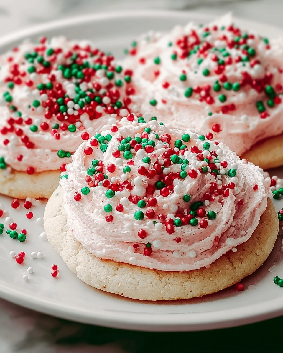 Single white plate showcasing one festive sugar cookie with a thick, smooth layer of pale pink frosting, topped generously with colorful red, white, and green round sprinkles. The cookie's delicate crumb texture is visible along the edges, and the swirl of frosting catches soft natural light, creating gentle shadows and highlights. The presentation is close-up with an angled view to emphasize the cookie’s height and rich decoration, set on a clean white marble surface, styled for an inviting food blog photo taken with an iphone --ar 4:5 --v 7