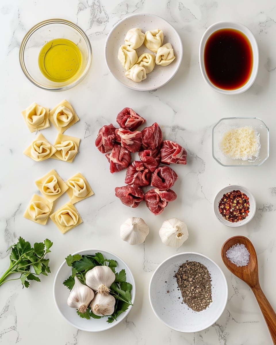 Large white serving bowl filled with a generous portion of cheese tortellini pasta tossed in a light buttery sauce, topped with perfectly cooked medium-rare steak cubes seasoned with cracked black pepper, freshly grated Parmesan cheese, and sprinkled with vibrant chopped parsley, whole dish photographed from a 3/4 angle on a white marble countertop, professional food styling photo taken with an iphone --ar 4:5 --v 7