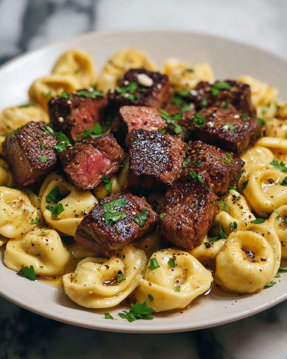 Single white plate featuring a plated serving of tender seared steak cubes atop a bed of cheese-filled tortellini, close-up angled shot revealing the warm, glossy pasta texture and the juicy pink interior of the steak pieces, garnished with freshly chopped parsley and cracked black pepper, set on a white marble surface under natural lighting, styled in an intimate food blog presentation, photo taken with an iphone --ar 4:5 --v 7