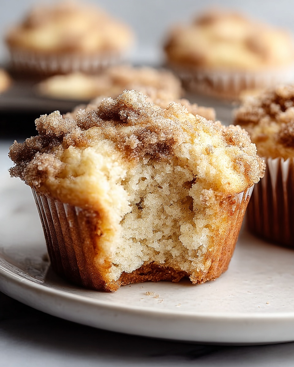 Irresistibly Fluffy Coffee Cake Muffins You’ll Crave Daily Recipe 6 Single white plate featuring one crumb-topped muffin with a bite taken out to reveal the light, fluffy interior texture, close-up angled shot emphasizing the golden crumb topping sprinkled with sugar crystals and the tender crumb inside, natural morning light highlighting the delicate contrast between the moist cake and the crunchy streusel, placed on white marble surface, styled for a cozy food blog presentation, photo taken with an iphone --ar 4:5 --v 7