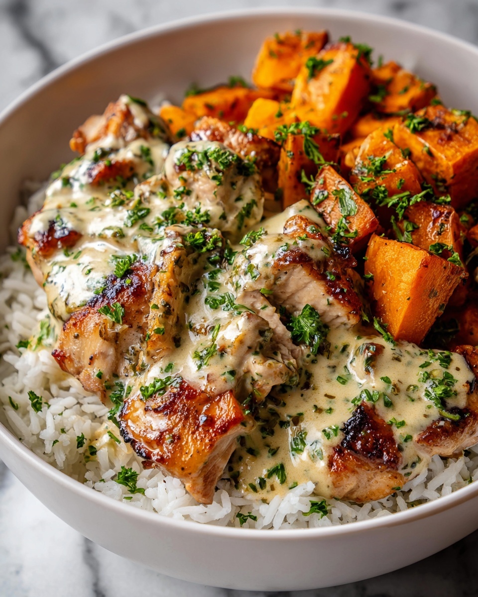 Single white bowl with one serving of grilled chicken thigh pieces coated in creamy herb sauce, placed over a bed of fluffy white rice, accompanied by caramelized roasted sweet potato chunks garnished with fresh chopped parsley, close-up angled view revealing the juicy, tender chicken texture and rich sauce detail, set on a white marble background with natural lighting, styled like an individual plated portion from a food blog, photo taken with an iphone --ar 4:5 --v 7