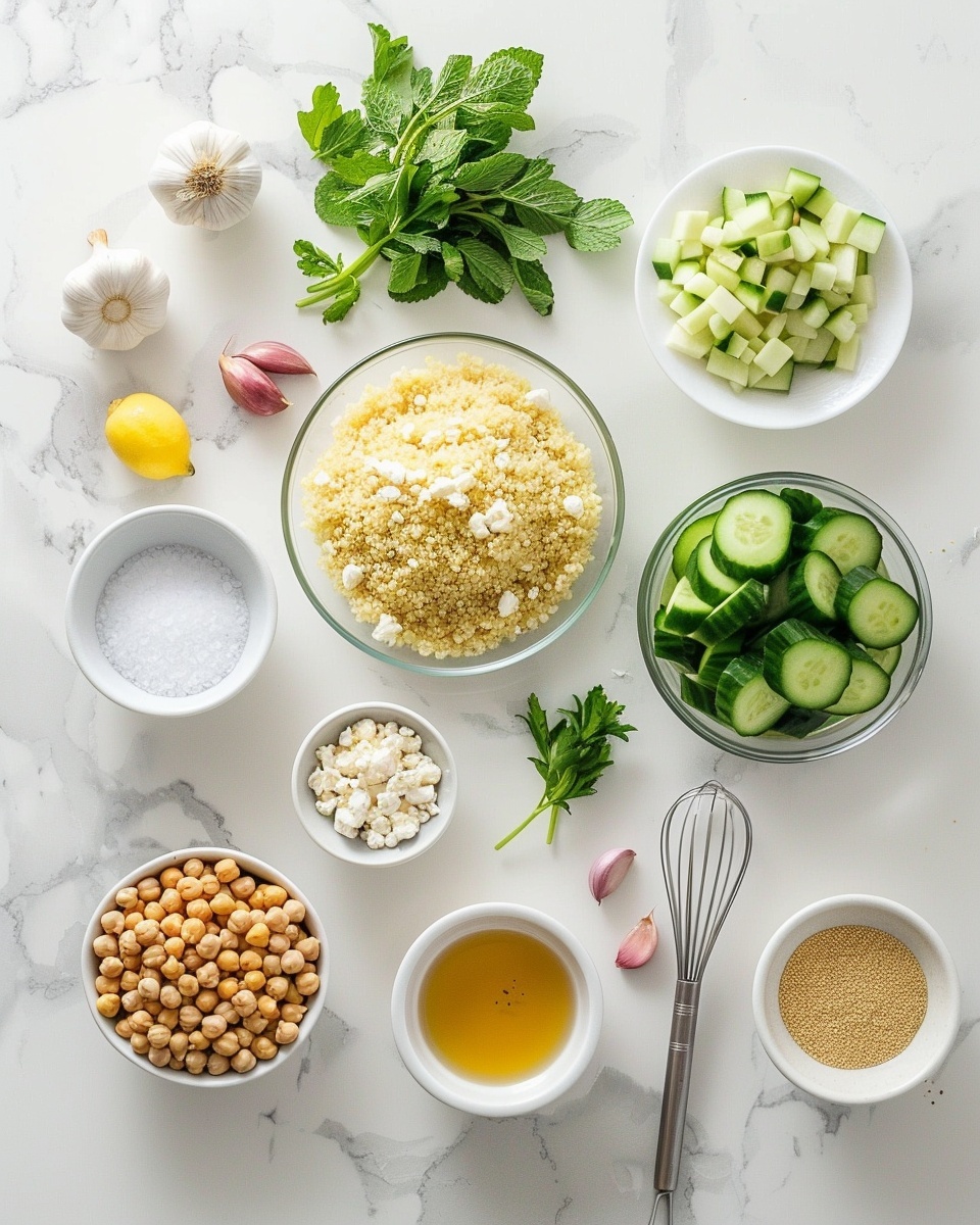 Large white serving bowl filled with vibrant quinoa salad featuring tender shredded chicken, whole chickpeas, crisp cucumber slices, finely diced red onion, and crunchy pistachios, all tossed together with fresh herbs like parsley and mint for a refreshing Mediterranean-inspired dish, captured in a professional 3/4 angle shot on a white marble background with natural lighting, styled for a food magazine hero image, photo taken with an iphone --ar 4:5 --v 7