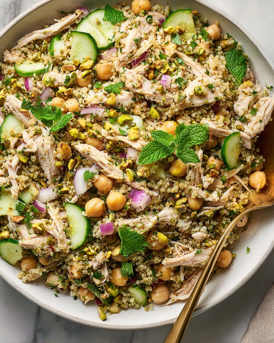 Single white plate holding a generous portion of shredded chicken and couscous salad with chickpeas, vibrant cucumber slices, red onion pieces, and toasted pistachios, close-up angled shot emphasizing the texture of the tender chicken strands mingled with fluffy couscous and crunchy seeds, garnished with fresh parsley and a sprig of mint on top, set on a white marble surface with natural lighting, styled as a ready-to-eat plated serving from a food blog, photo taken with an iphone --ar 4:5 --v 7