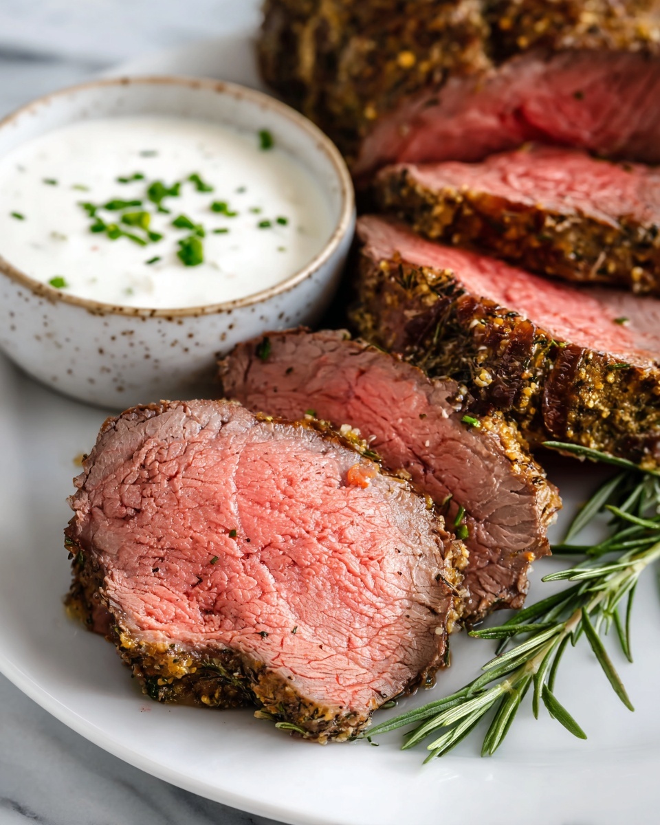 Single white plate featuring a perfectly seared thick slice of medium rare roast beef showcasing a juicy pink interior with visible tender fibers and a herb and garlic crust on the edges, garnished with a sprig of fresh rosemary, accompanied by a small ceramic bowl of creamy horseradish sauce topped with chopped chives, all set on a white marble surface with natural lighting, close-up angled shot emphasizing the texture and layers of the roast beef, intimate plated serving photo taken with an iphone --ar 4:5 --v 7