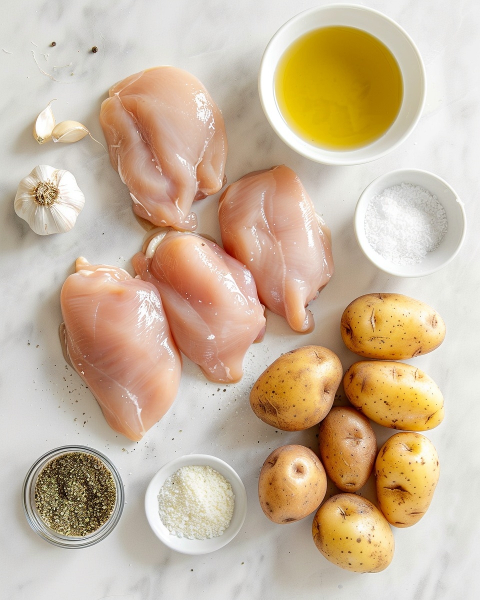 Large white oval baking dish filled with whole roasted chicken thighs perfectly browned with crispy skin, surrounded by golden baby potatoes coated in a creamy herb sauce, sprinkled generously with fresh chopped parsley, showcasing the entire savory one-pan meal, shot from a 3/4 angle on a white marble countertop, natural lighting enhancing the textures and colors, professional food magazine hero shot photo taken with an iphone --ar 4:5 --v 7