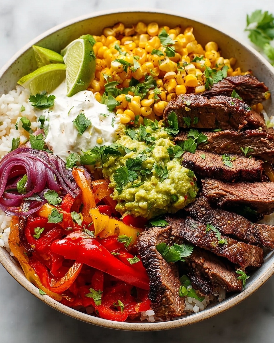 Single white bowl featuring a close-up serving of tender, medium-rare sliced steak arranged neatly beside vibrant grilled corn kernels, bright red roasted bell pepper chunks, fluffy white rice, and smooth avocado slices seasoned with ground black pepper, topped with a dollop of creamy herb sauce and garnished with fresh cilantro leaves, all placed on a white marble surface under soft natural lighting, intimate plated serving photo taken with an iphone --ar 4:5 --v 7