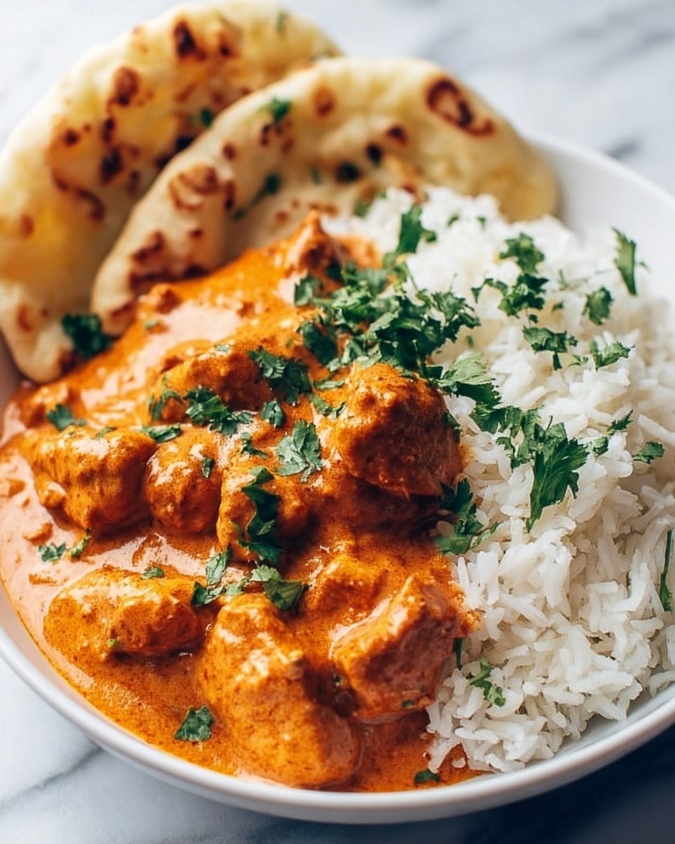 Single white plate featuring a plated serving of creamy chicken tikka masala with tender chicken chunks smothered in rich orange-spiced sauce, nestled alongside a portion of fluffy basmati rice, garnished with fresh cilantro leaves, with warm naan bread resting beside the dish, angled close-up view highlighting the sauce’s smooth texture and distinct spices, placed on a clean white marble background, natural lighting emphasizing vibrant colors and warmth, intimate styled food blog presentation photo taken with an iphone --ar 4:5 --v 7