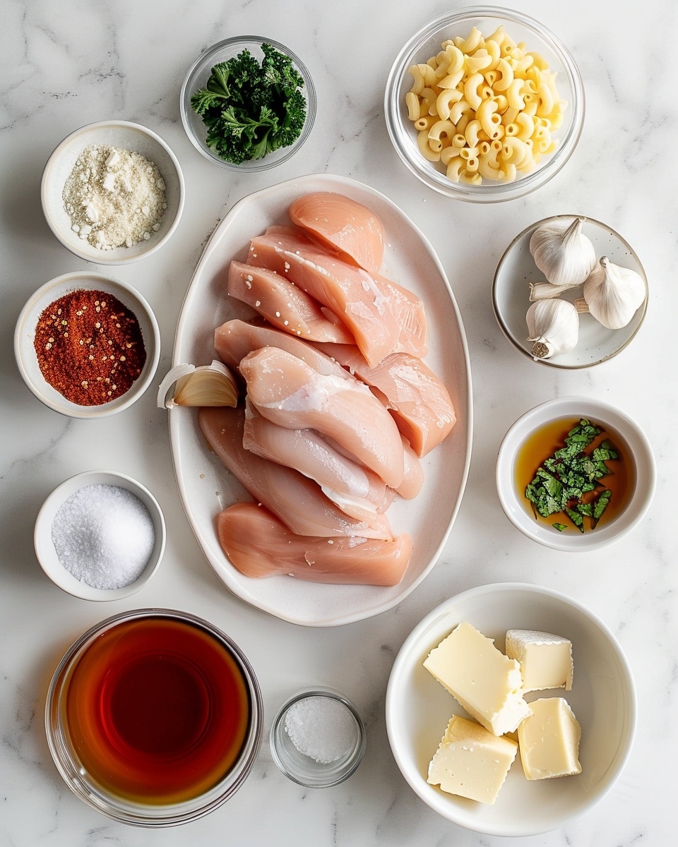 Large white rectangular baking dish filled with a whole baked macaroni and cheese casserole featuring perfectly cooked cavatappi pasta coated in creamy cheese sauce, alongside a whole roasted glazed chicken breast with a richly caramelized golden-brown crust, sprinkled with fresh chopped parsley, the entire dish presented on a white marble countertop under natural lighting, professional food styling photo taken with an iphone --ar 4:5 --v 7