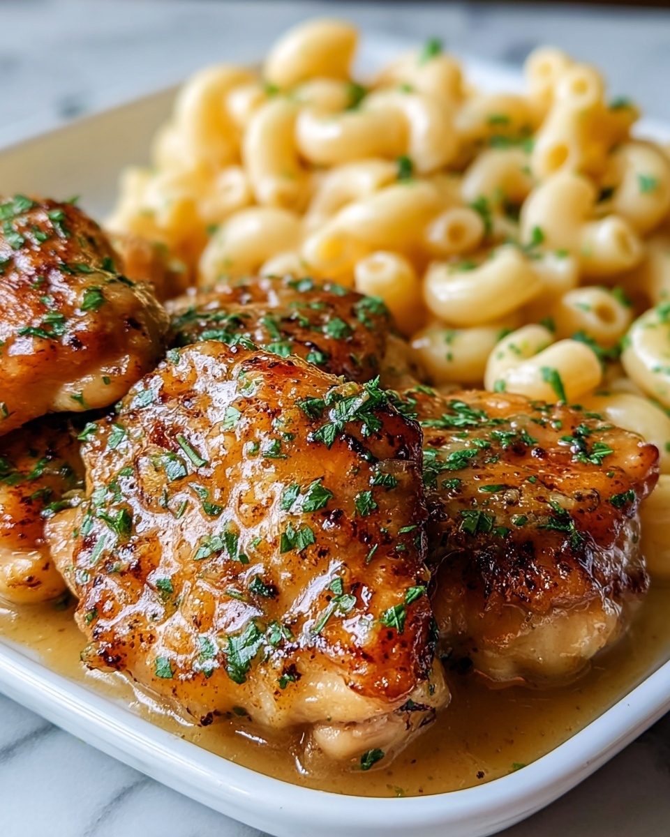 Single white plate featuring a close-up view of a plated serving of tender pan-seared chicken thighs with a golden, slightly crisp exterior, coated in a glossy, savory sauce, sprinkled with finely chopped fresh herbs, accompanied by a portion of creamy macaroni and cheese with distinct elbow pasta visibly coated in melted cheese, angled shot highlighting the texture and moisture of the chicken and the creamy, cheesy pasta beneath, set against a white marble background with natural lighting, styled like a cozy food blog presentation, photo taken with an iphone --ar 4:5 --v 7