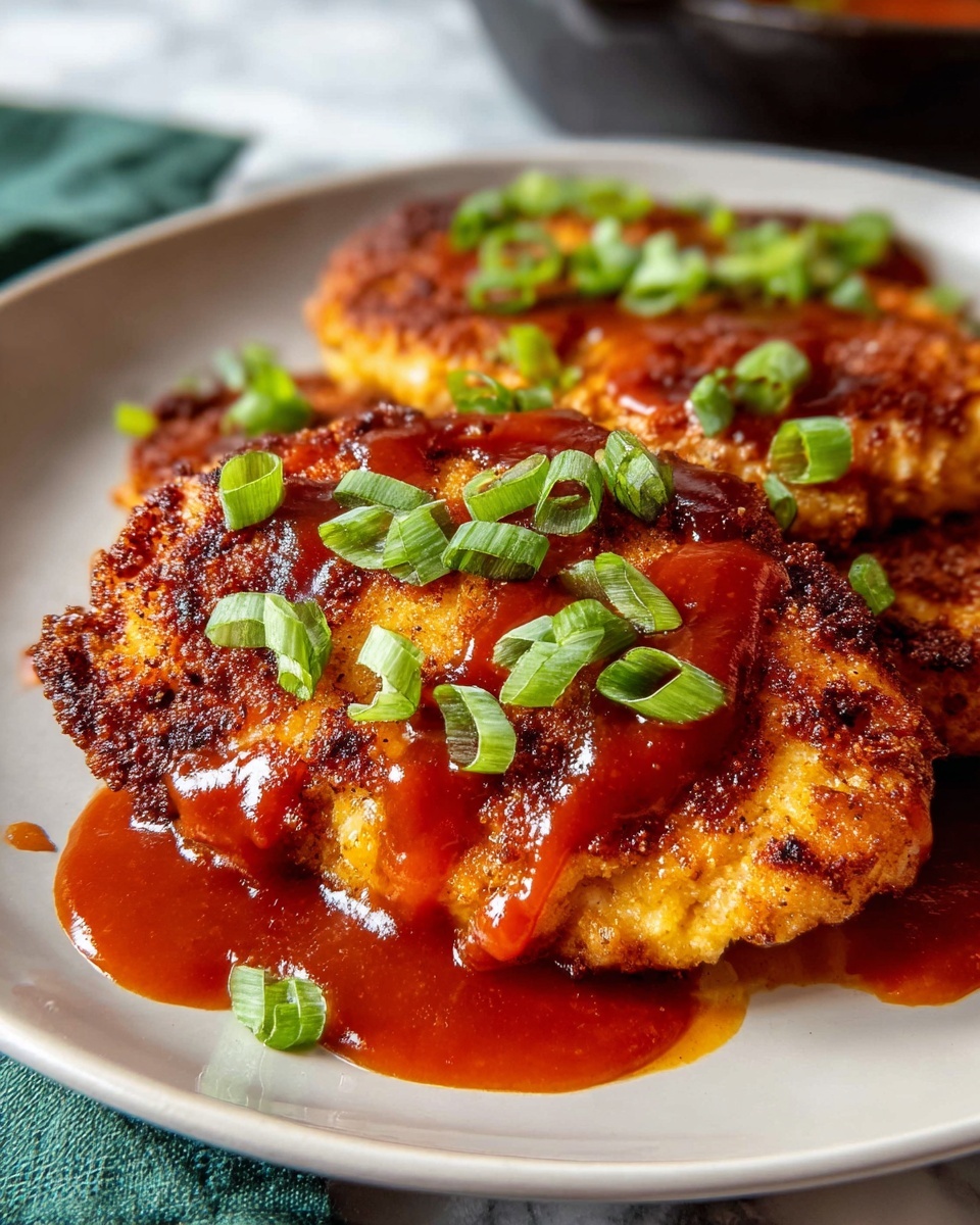 Single white plate with one crispy, golden-brown piece of seasoned chicken topped with bright red barbecue sauce and fresh chopped green onions, close-up angled shot emphasizing the crunchy texture and juicy interior of the chicken, sauce pooling slightly under the piece, set on a white marble surface with natural lighting, styled as a ready-to-eat plated serving, photo taken with an iphone --ar 4:5 --v 7