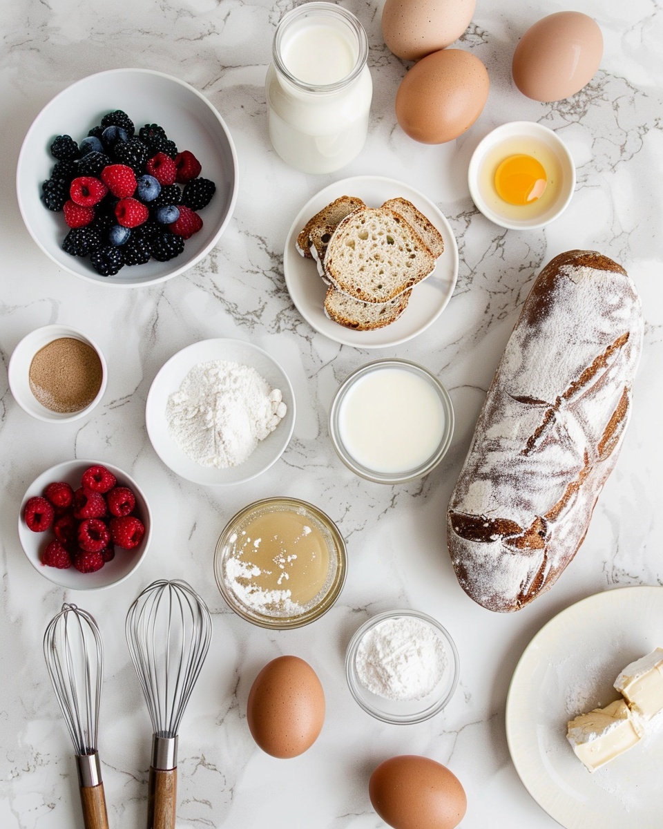 Sourdough French Toast Casserole with Berry Compote Recipe 5 Large white rectangular ceramic baking dish filled with a golden baked bread pudding topped evenly with powdered sugar and scattered vibrant red pomegranate seeds, the whole dessert glowing under natural light, accompanied by a small white bowl overflowing with fresh pomegranate arils and a glass carafe of dark maple syrup nearby, all arranged on a pristine white marble countertop, professional 3/4 angle hero shot photo taken with an iphone --ar 4:5 --v 7