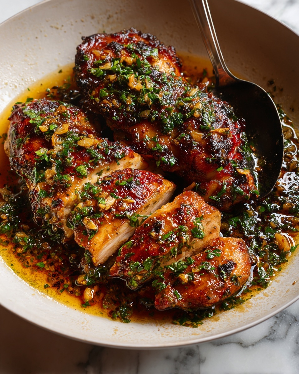 Single white plate showcasing a succulent serving of herb-marinated chicken thigh, sliced to reveal its juicy, tender interior with golden-brown seared edges, glistening with a rich, glossy garlic and herb sauce, sprinkled with fresh chopped parsley and minced garlic, natural lighting highlighting the texture and moisture, placed on a white marble surface, intimate plated serving photo taken with an iphone --ar 4:5 --v 7