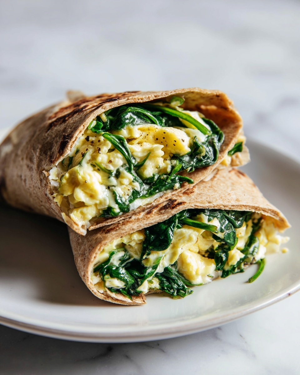 Single white plate featuring one portion of a folded spinach and scrambled egg wrap, showing the soft scrambled eggs and vibrant sautéed spinach inside a lightly toasted whole wheat flatbread, close-up angled view emphasizing the fluffy, creamy texture of the eggs contrasted with the tender greens, placed on a white marble surface with natural lighting, styled intimate serving ready to eat, photo taken with an iphone --ar 4:5 --v 7