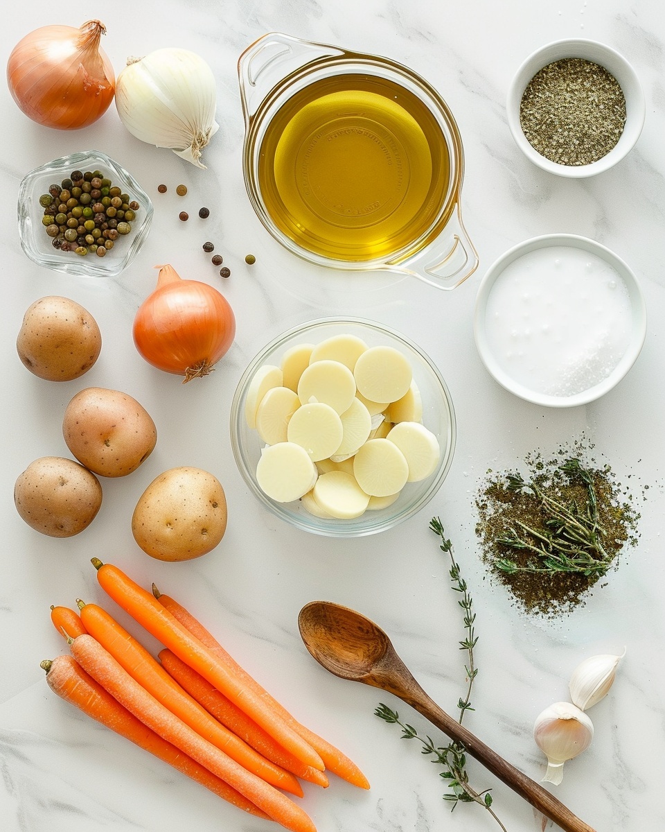 Large white bowl filled with a whole batch of hearty yellow pea soup, thick and chunky with visible pieces of carrots, potatoes, and herbs, topped generously with golden, crispy croutons sprinkled with fresh chopped parsley, whole dish presented from a 3/4 angle on a pristine white marble countertop, illuminated by natural lighting, styled as a premium food magazine hero shot, photo taken with an iphone --ar 4:5 --v 7