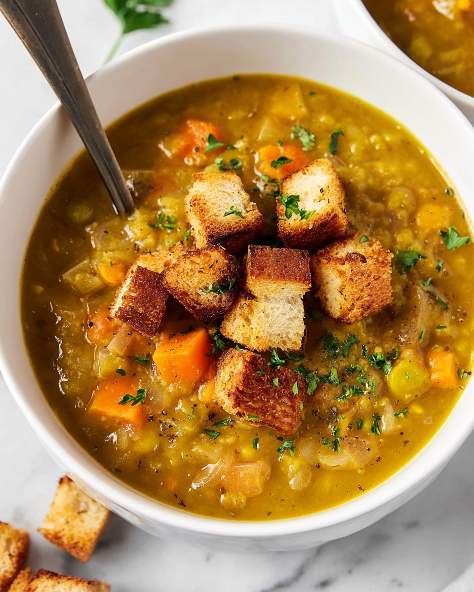 Single white bowl filled with a close-up serving of thick lentil vegetable soup showing textures of tender cooked lentils, diced carrots, and potatoes in a rich broth, topped with golden toasted croutons sprinkled with fresh chopped parsley, rose gold spoon dipping into the soup, set on white marble surface with sprigs of fresh parsley in the background, natural lighting emphasizing warmth and rustic comfort, intimate plated serving photo taken with an iphone --ar 4:5 --v 7