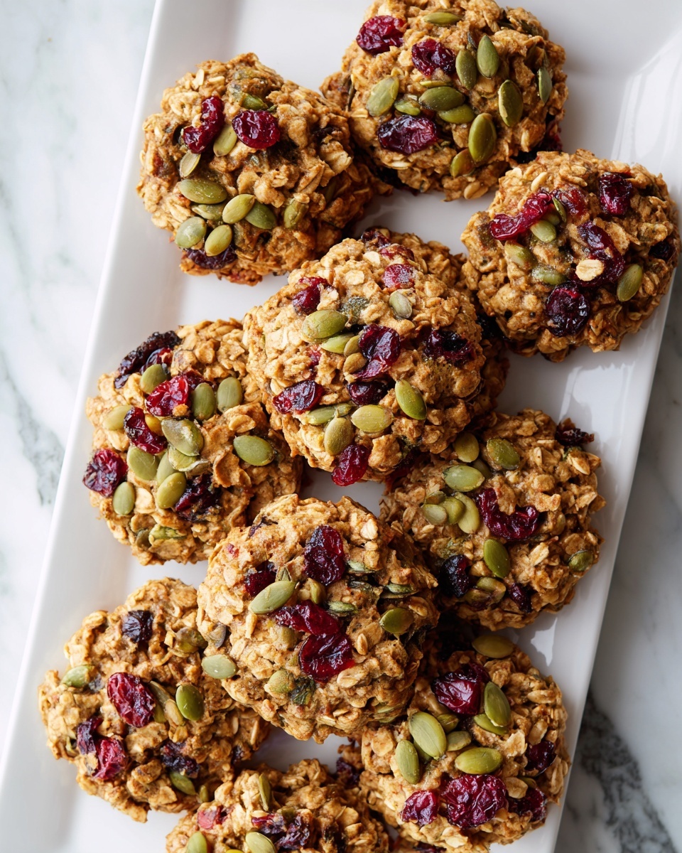 Single white plate with one thick homemade oatmeal cookie studded with vibrant dried cranberries and green pumpkin seeds, close-up angled view revealing the chewy texture with visible oats and nuts throughout, softly lit by natural light on a white marble surface, styled like a fresh baked treat from a cozy food blog, intimate plated serving photo taken with an iphone --ar 4:5 --v 7