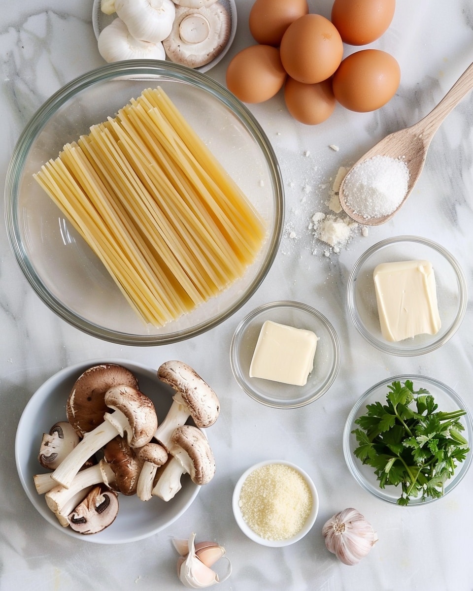 Large white skillet filled with a generous serving of spaghetti pasta tossed with sautéed golden-brown mushrooms, sprinkled with finely grated Parmesan cheese and fresh chopped parsley, the entire dish presented with a rustic wooden spatula resting inside, photographed from a 3/4 angle on a white marble countertop, natural light highlighting the textures and colors, professional food styling photo taken with an iphone --ar 4:5 --v 7
