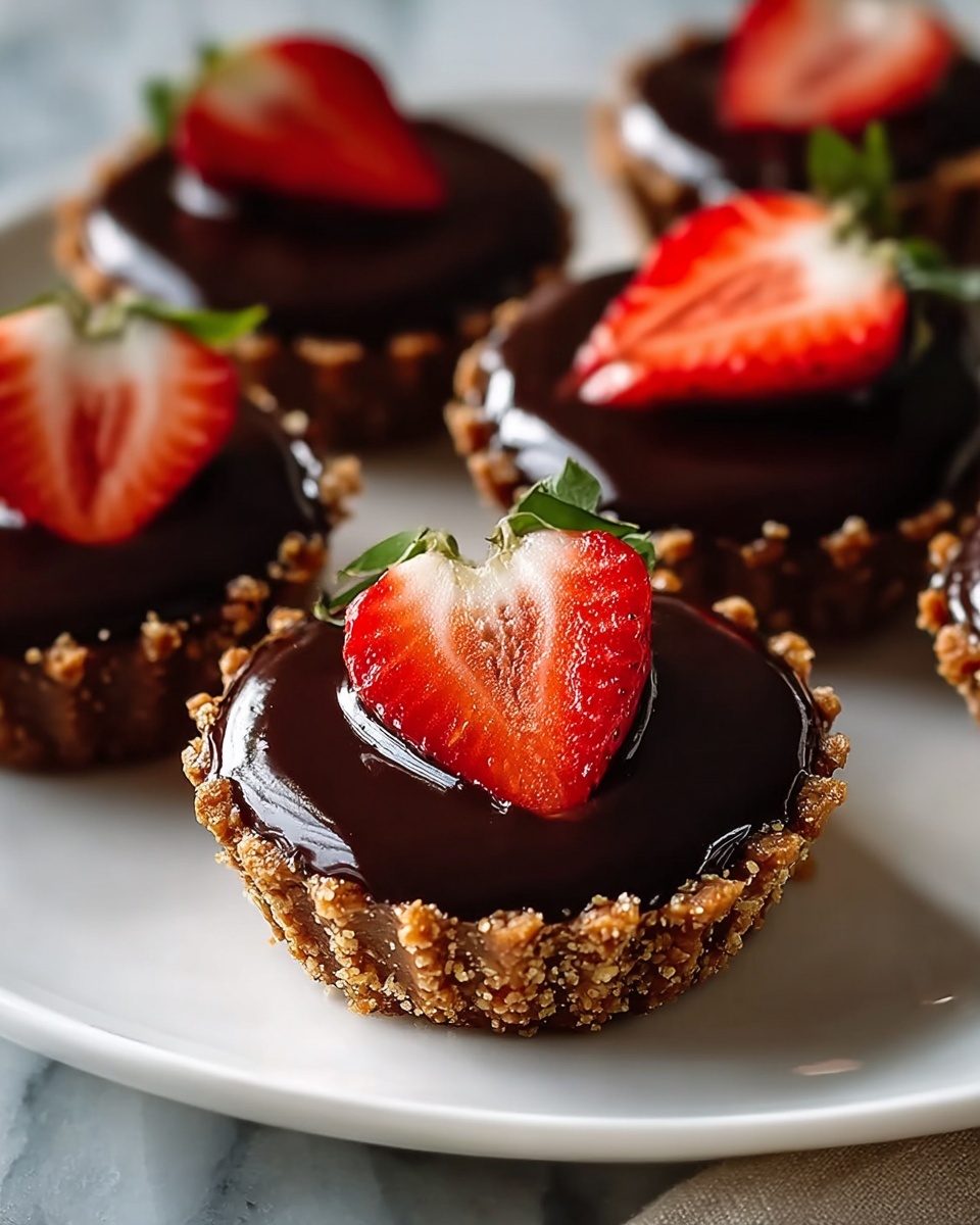 Single white plate featuring one chocolate tartlet with a glossy dark chocolate ganache filling, topped with a vibrant half strawberry showing juicy interior seeds and slight texture of the crust edges, close-up angle revealing smooth ganache surface and crumbly crust base, plated on white marble background with natural lighting emphasizing the rich, smooth layers, styled as a ready-to-eat individual serving from a food blog, photo taken with an iphone --ar 4:5 --v 7