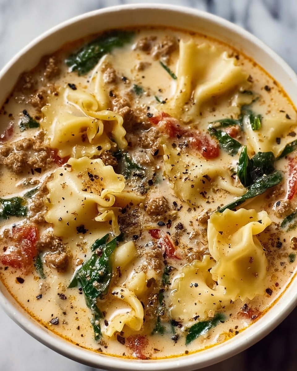 Single white bowl with a close-up view of one serving of creamy sausage and mushroom soup featuring tender pasta pieces filled with spinach, chunks of savory ground sausage, and sliced mushrooms submerged in a rich, velvety broth, garnished lightly with fresh herbs, placed on a white marble surface, natural lighting highlighting the textures and inviting warmth, intimate plated serving photo taken with an iphone --ar 4:5 --v 7