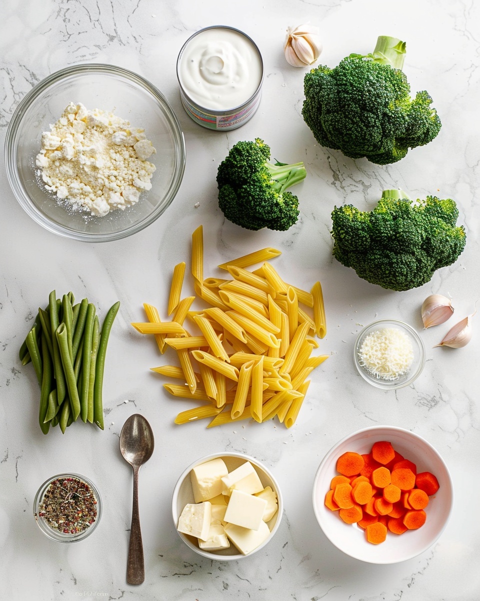 Large white ceramic baking dish filled with a creamy chicken broccoli pasta casserole, featuring penne pasta, generous chunks of shredded chicken, vibrant green broccoli florets, and diced carrots, all baked under a golden, bubbling layer of melted cheese with slight browning around the edges, resting on a white marble countertop with natural lighting, professional 3/4 angle food magazine style photo taken with an iphone --ar 4:5 --v 7