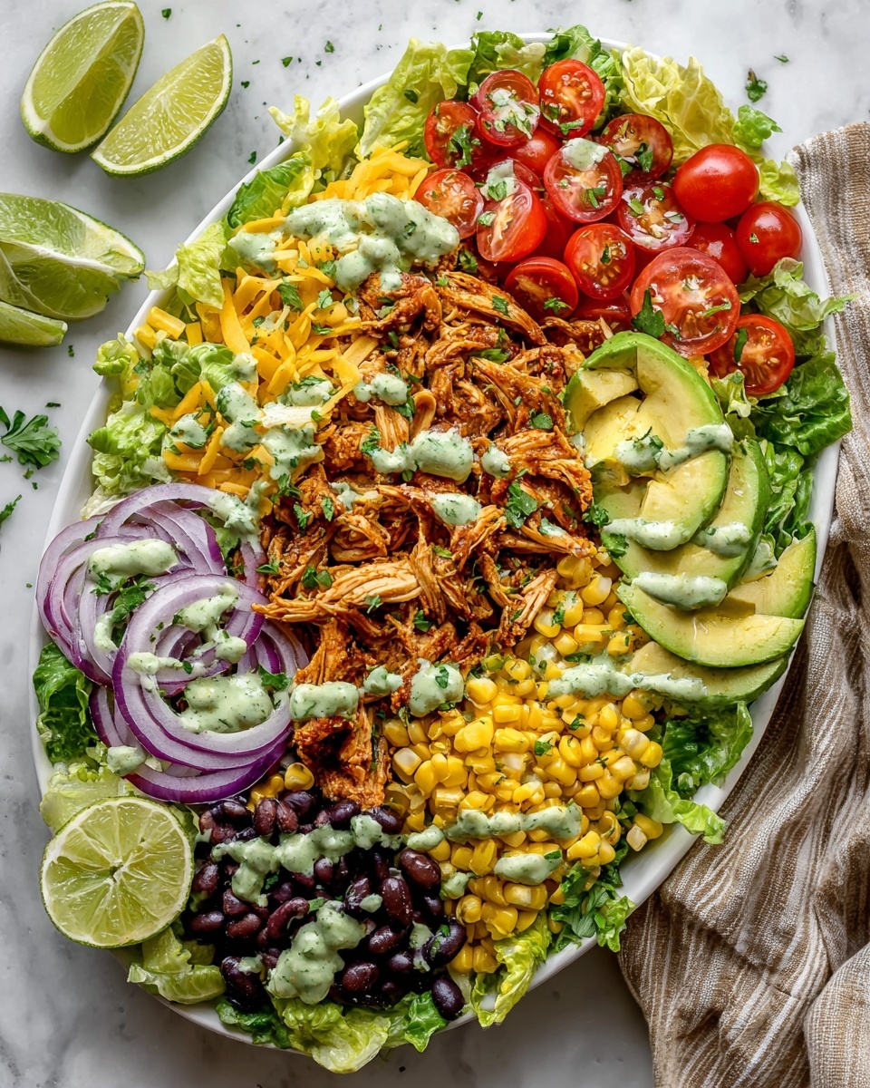 Single white plate with a vibrant portion of shredded chicken salad layered with fresh romaine lettuce, halved cherry tomatoes, sliced avocado, red onion rings, corn kernels, and black beans, all generously tossed in a creamy herb dressing, close-up angled shot revealing the juicy textures, leafy greens, and creamy avocado, natural light highlighting the fresh ingredients on a white marble surface, styled like a food blog serving, photo taken with an iphone --ar 4:5 --v 7