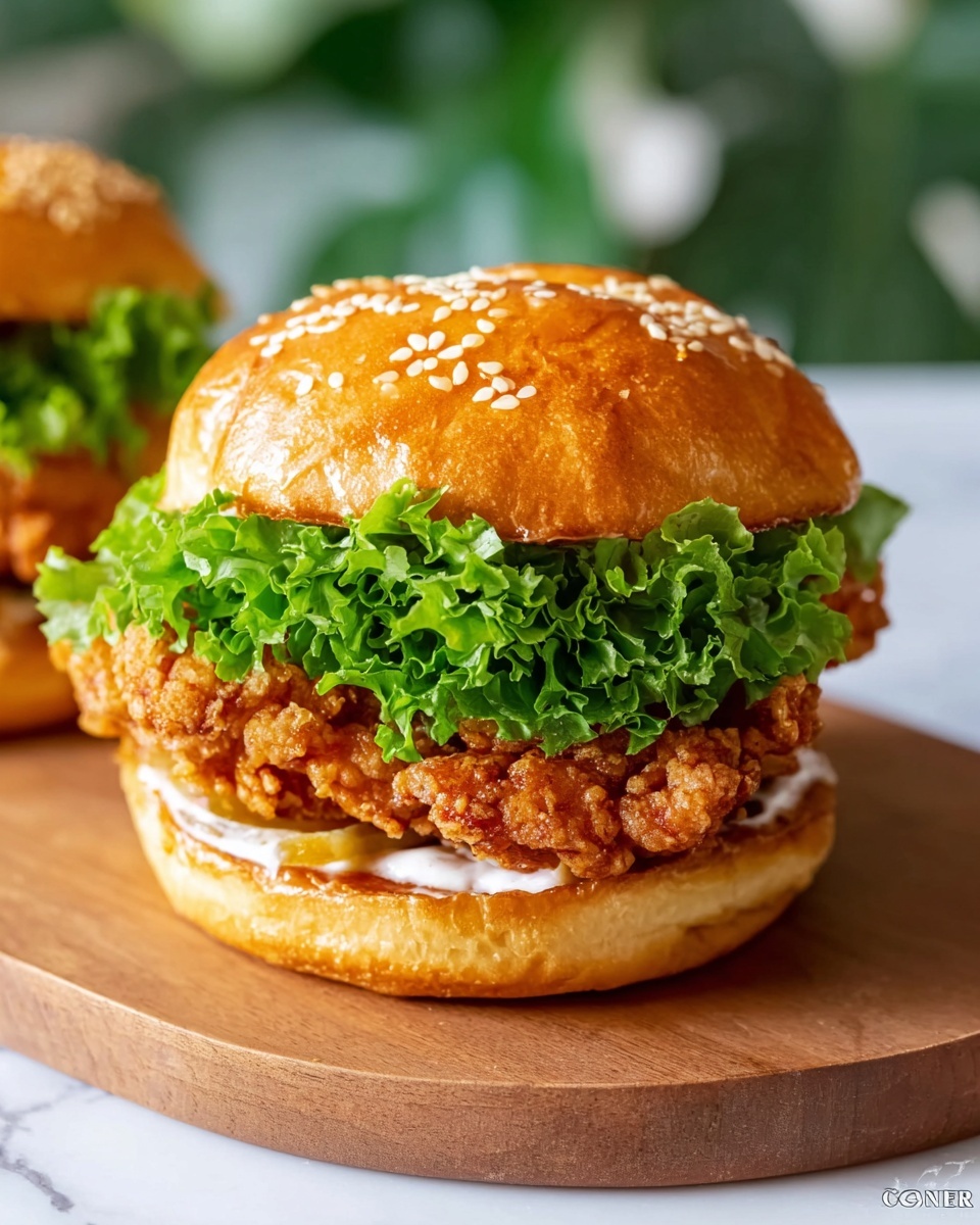 Single white plate featuring one fried chicken sandwich portion with a golden, sesame-seeded bun cut in half to reveal the crispy, spiced fried chicken filling, fresh vibrant green lettuce leaves, and a layer of creamy sauce tucked between the fluffy bun layers, close-up angled view highlighting the crunchy texture of the chicken and the freshness of the greens, placed on a white marble surface under natural lighting, styled as a ready-to-eat individual serving from a food blog, photo taken with an iphone --ar 4:5 --v 7