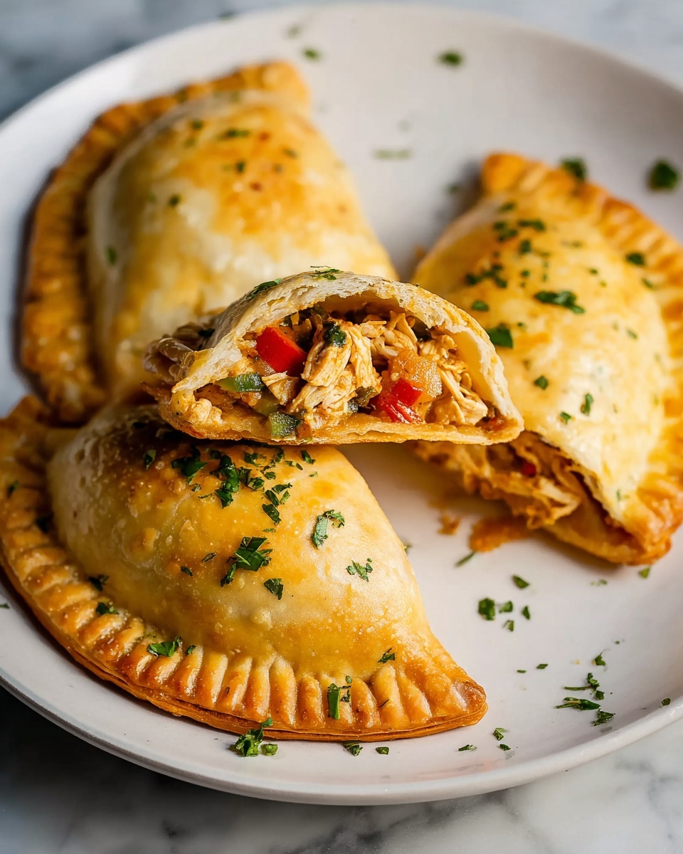 Single white plate with one half of a golden-baked empanada prominently displayed, the cross-section revealing a savory filling of shredded chicken, sautéed bell peppers, onions, and fresh herbs, vibrant colors contrasting with the flaky crust, sprinkled with finely chopped parsley, natural light highlighting the textures of the dough and filling, set on a white marble surface, intimate close-up angled view, styled for a food blog photo taken with an iphone --ar 4:5 --v 7