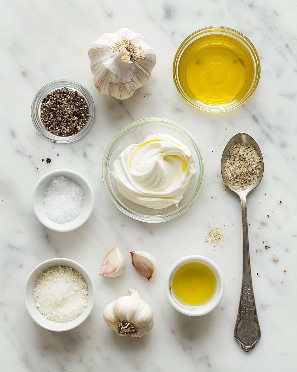 Large white ceramic bowl filled with creamy garlic sauce, smooth and velvety with a light sprinkling of freshly ground black pepper on top, surrounded by several whole garlic bulbs resting on a white marble countertop, natural lighting highlighting the texture and richness of the sauce, professional 3/4 angle food magazine style photo taken with an iphone --ar 4:5 --v 7