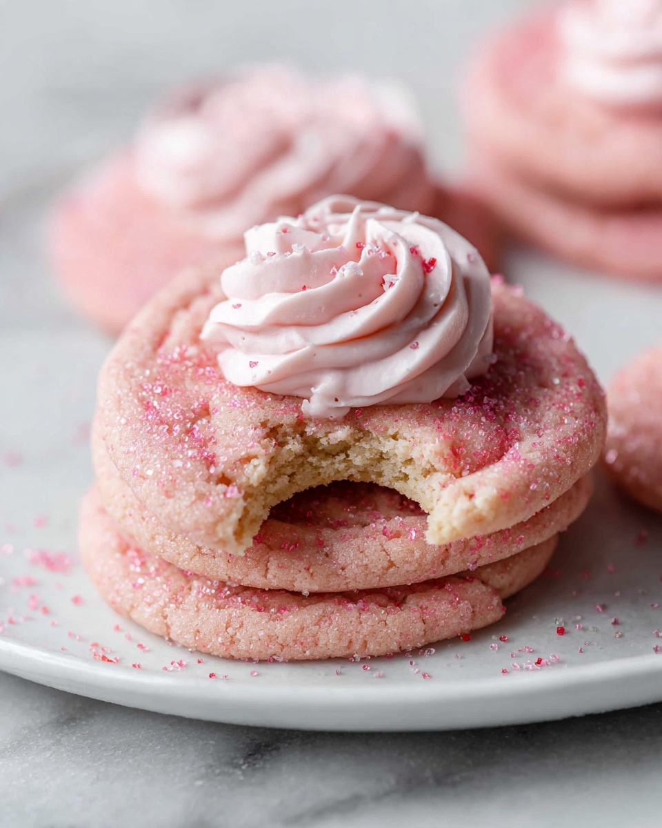 Single white plate with one pink sugar cookie topped with a small swirl of pale pink frosting at the center, close-up angled shot revealing a bite taken from the cookie showing its soft, crumbly interior texture, sugar crystals sparkling on the surface, delicate shades of pink with a subtle crust bottom, placed on a white marble background, styled food blog serving photo taken with an iphone --ar 4:5 --v 7