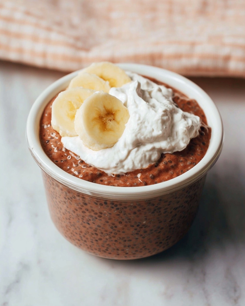A single white bowl with a close-up view of creamy chocolate chia pudding, showing the textured chia seeds suspended in rich chocolate pudding, topped with a swirl of whipped cream and fresh banana slices arranged on top, all presented on a white marble surface with natural lighting, styled as an intimate, ready-to-eat serving from a food blog, photo taken with an iphone --ar 4:5 --v 7