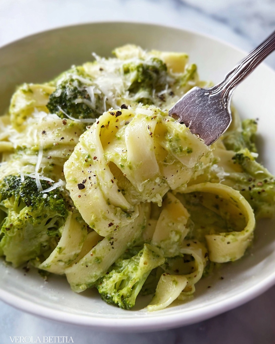 Pasta with Broccoli Recipe 6 Single white bowl with a close-up, intimate view of a single serving of tender fettuccine pasta tossed in a creamy broccoli pesto sauce, showcasing vibrant green broccoli florets coated in the smooth, herbaceous sauce, sprinkled with finely grated Parmesan cheese and fresh cracked pepper, the pasta strands gently twisted on a fork revealing the sauce’s texture, placed on a white marble surface bathed in natural light, styled like a food blog photo taken with an iphone --ar 4:5 --v 7