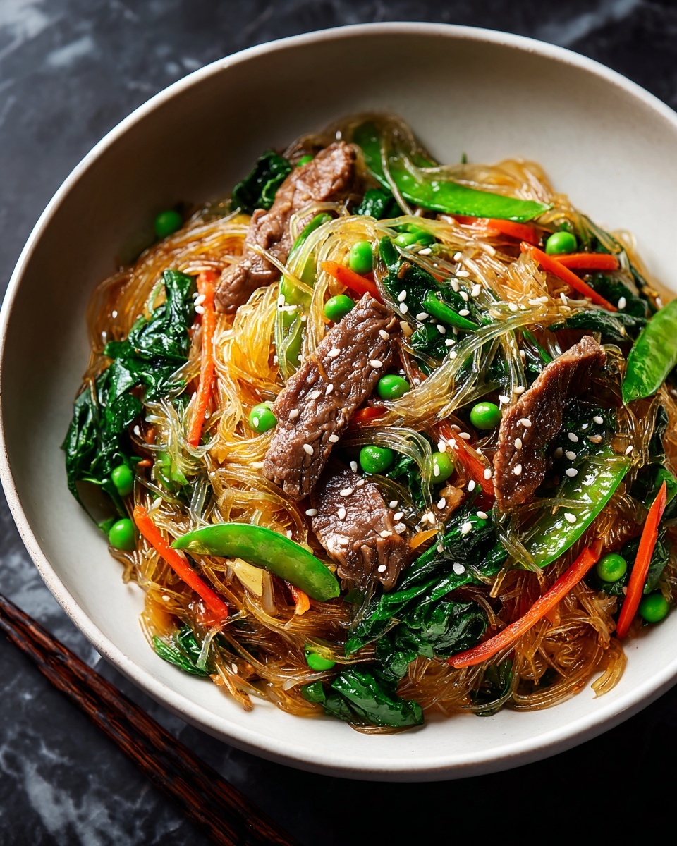 Single white bowl showing a close-up of a plated serving of stir-fried glass noodles with tender beef slices, bright green peas, wilted spinach, and thin carrot strips, all glistening with a savory sauce, sprinkled with white sesame seeds for texture, shot at an angled view that emphasizes the layers and strands of noodles intertwined with the colorful vegetables, natural lighting highlighting the freshness and glossy coating, placed on a clean white marble surface, intimate styled food blog serving photo taken with an iphone --ar 4:5 --v 7
