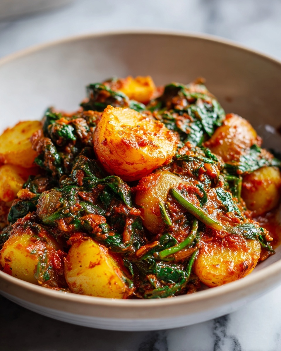 Easy Saag Aloo Recipe 6 Single white plate with a plated serving of hearty potato and spinach curry, showcasing tender golden potato chunks coated in rich, spiced tomato gravy and vibrant wilted spinach leaves, close-up angled view emphasizing the thick sauce texture and the soft, stewed interior of the potatoes, natural light illuminating the dish on a white marble surface, styled as a ready-to-eat single portion from a food blog; photo taken with an iphone --ar 4:5 --v 7